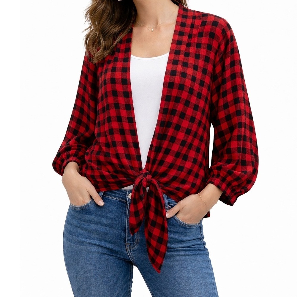 Blu Ivy Tie Front Blouse Womens Medium Red Black Buffalo Plaid Long Sleeve *NWT*